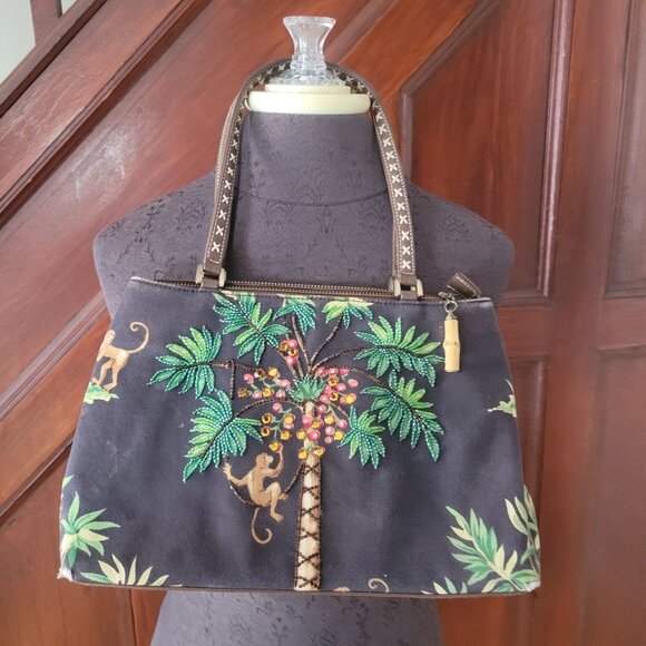 Isabella Fiore Tropical Monkey Beaded Canvas Tote Bag With Leather Accents & Bam - Picture 1 of 10